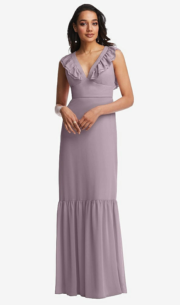 Front View - Lilac Dusk Tiered Ruffle Plunge Neck Open-Back Maxi Dress with Deep Ruffle Skirt