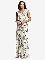 Front View Thumbnail - Palm Beach Print Tiered Ruffle Plunge Neck Open-Back Maxi Dress with Deep Ruffle Skirt