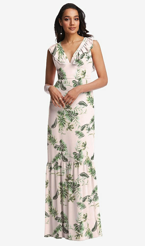 Front View - Palm Beach Print Tiered Ruffle Plunge Neck Open-Back Maxi Dress with Deep Ruffle Skirt