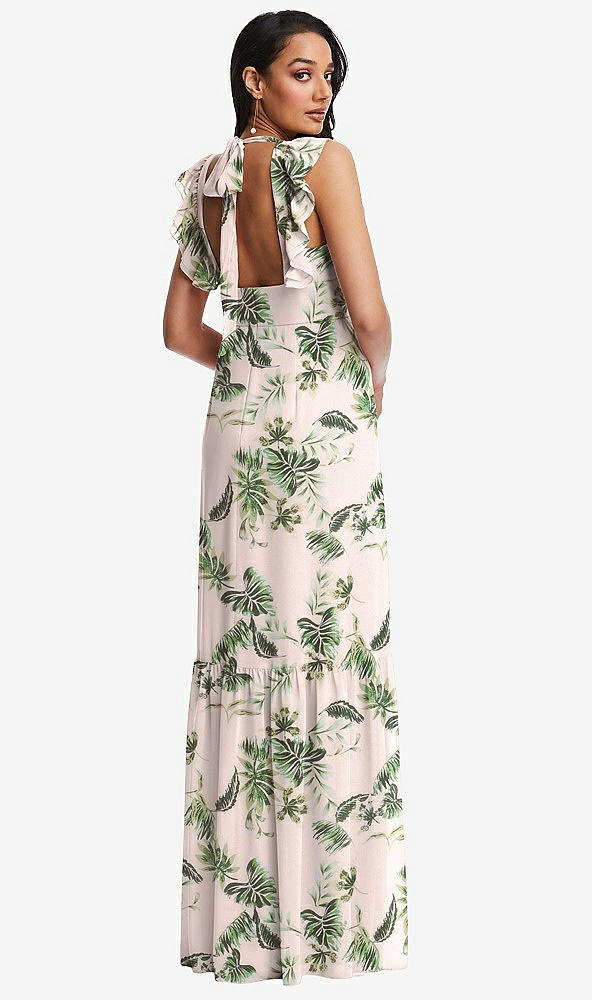 Back View - Palm Beach Print Tiered Ruffle Plunge Neck Open-Back Maxi Dress with Deep Ruffle Skirt