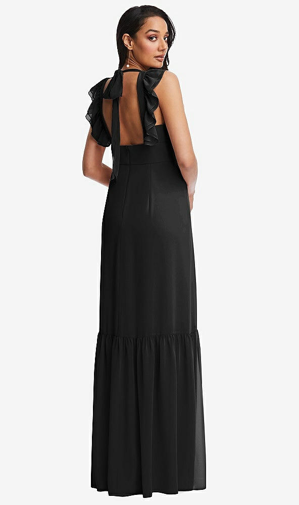 Back View - Black Tiered Ruffle Plunge Neck Open-Back Maxi Dress with Deep Ruffle Skirt
