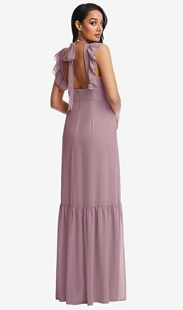 Back View - Dusty Rose Tiered Ruffle Plunge Neck Open-Back Maxi Dress with Deep Ruffle Skirt