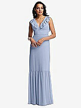 Front View Thumbnail - Sky Blue Tiered Ruffle Plunge Neck Open-Back Maxi Dress with Deep Ruffle Skirt