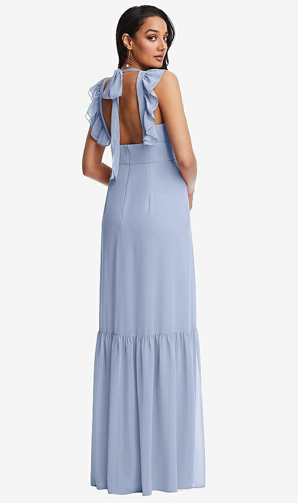 Back View - Sky Blue Tiered Ruffle Plunge Neck Open-Back Maxi Dress with Deep Ruffle Skirt