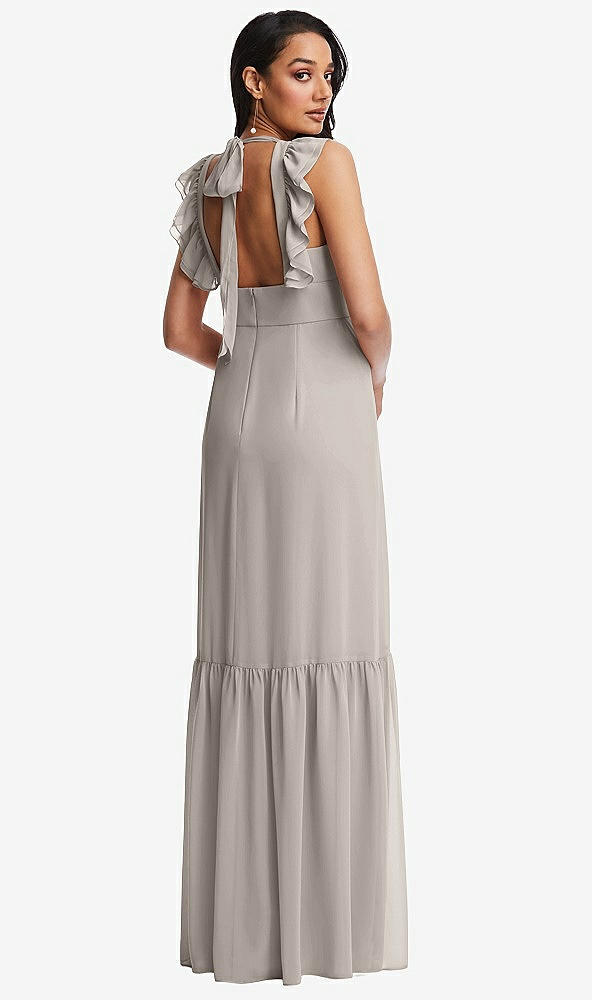Back View - Taupe Tiered Ruffle Plunge Neck Open-Back Maxi Dress with Deep Ruffle Skirt