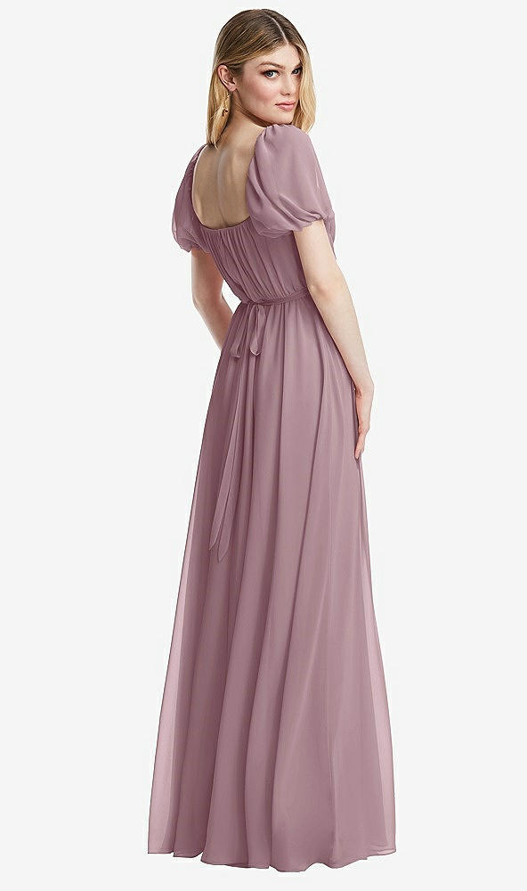 Back View - Dusty Rose Regency Empire Waist Puff Sleeve Chiffon Maxi Dress