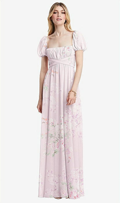FLORAL V-NECK RUFFLE DETAIL EMPIRE WAIST GOWN | ElbisNY