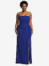 Front View Thumbnail - Cobalt Blue Strapless Pleated Faux Wrap Trumpet Gown with Front Slit