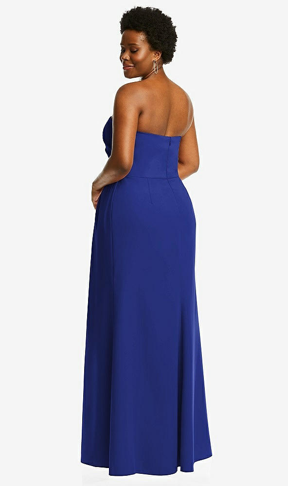 Back View - Cobalt Blue Strapless Pleated Faux Wrap Trumpet Gown with Front Slit