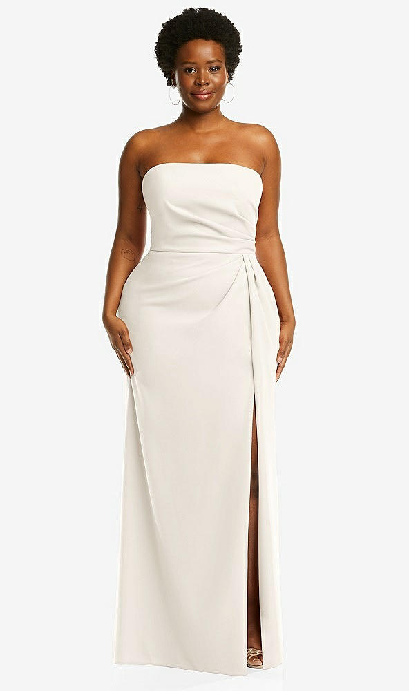 Front View - Ivory Strapless Pleated Faux Wrap Trumpet Gown with Front Slit