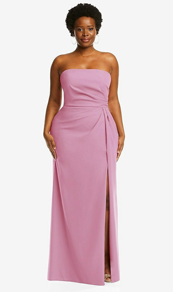 Front View - Powder Pink Strapless Pleated Faux Wrap Trumpet Gown with Front Slit
