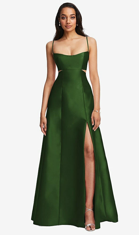Front View - Celtic Open Neckline Cutout Satin Twill A-Line Gown with Pockets