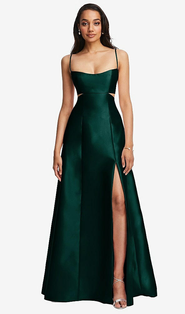 Front View - Evergreen Open Neckline Cutout Satin Twill A-Line Gown with Pockets
