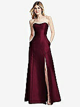 Rear View Thumbnail - Cabernet Strapless A-line Satin Gown with Modern Bow Detail