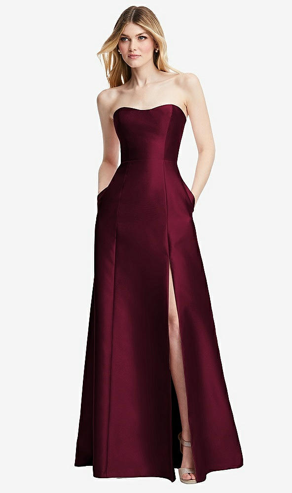 Back View - Cabernet Strapless A-line Satin Gown with Modern Bow Detail