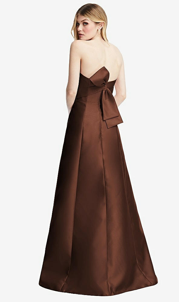 Front View - Cognac Strapless A-line Satin Gown with Modern Bow Detail