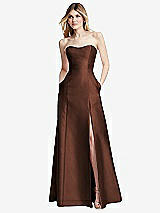 Rear View Thumbnail - Cognac Strapless A-line Satin Gown with Modern Bow Detail
