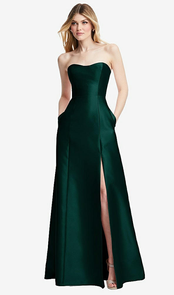 Back View - Evergreen Strapless A-line Satin Gown with Modern Bow Detail