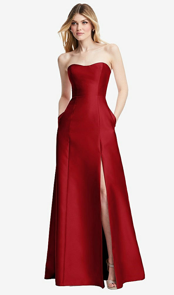 Back View - Garnet Strapless A-line Satin Gown with Modern Bow Detail