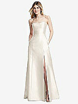 Rear View Thumbnail - Ivory Strapless A-line Satin Gown with Modern Bow Detail