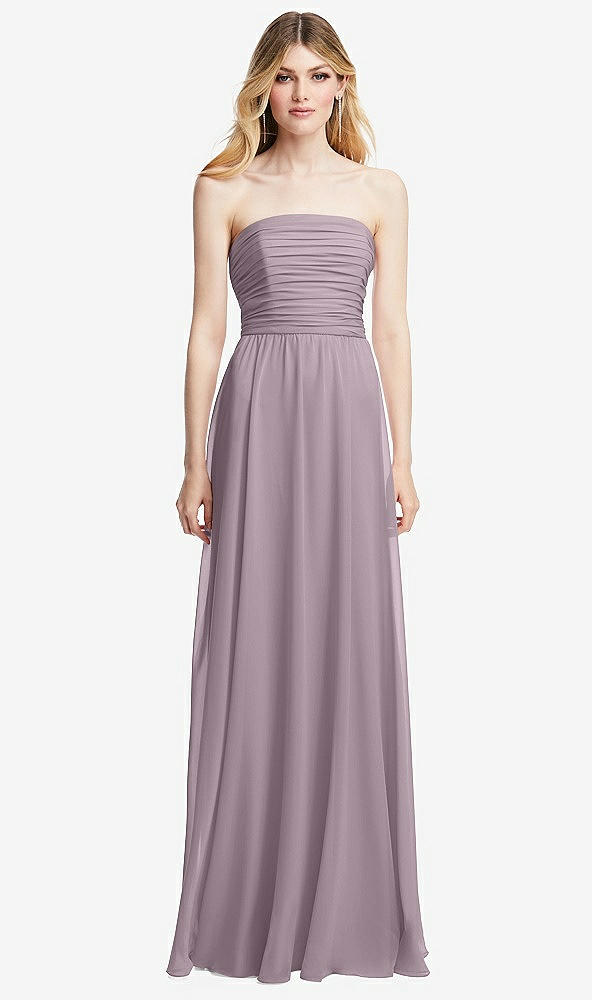 Front View - Lilac Dusk Shirred Bodice Strapless Chiffon Maxi Dress with Optional Straps