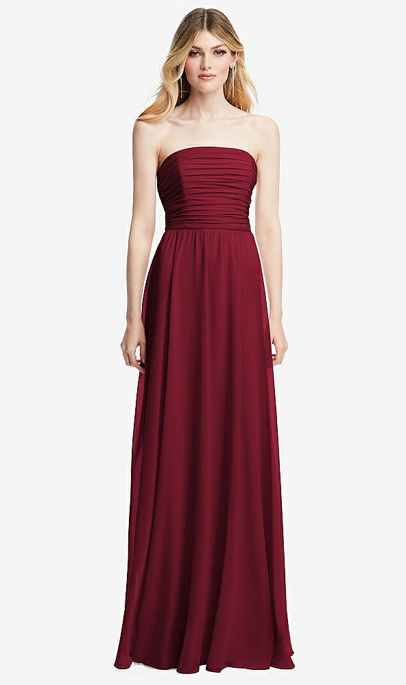 Front View - Burgundy Shirred Bodice Strapless Chiffon Maxi Dress with Optional Straps