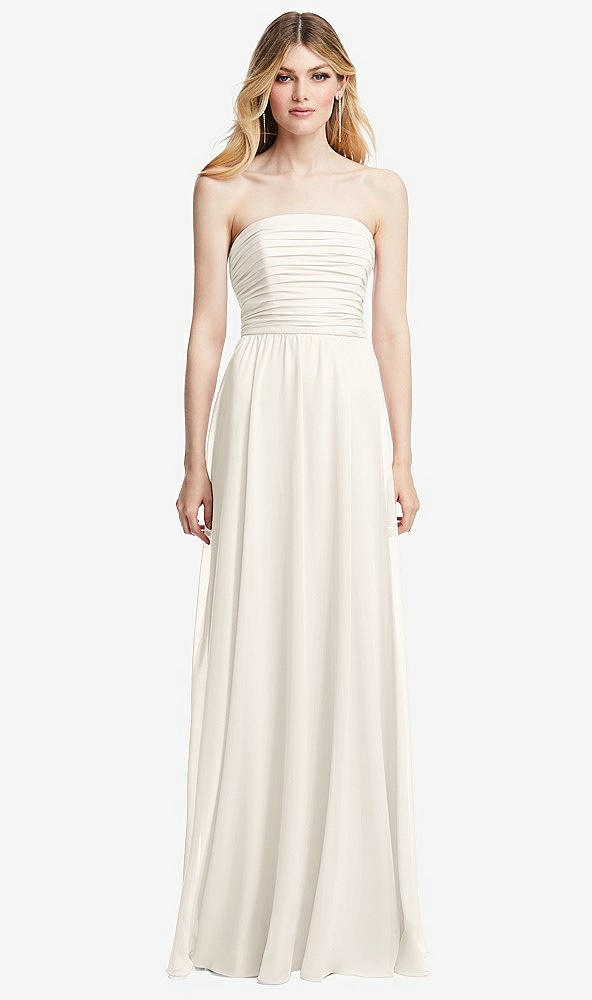 Front View - Ivory Shirred Bodice Strapless Chiffon Maxi Dress with Optional Straps
