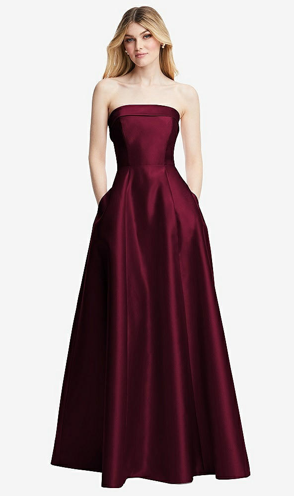 Front View - Cabernet Strapless Bias Cuff Bodice Satin Gown with Pockets