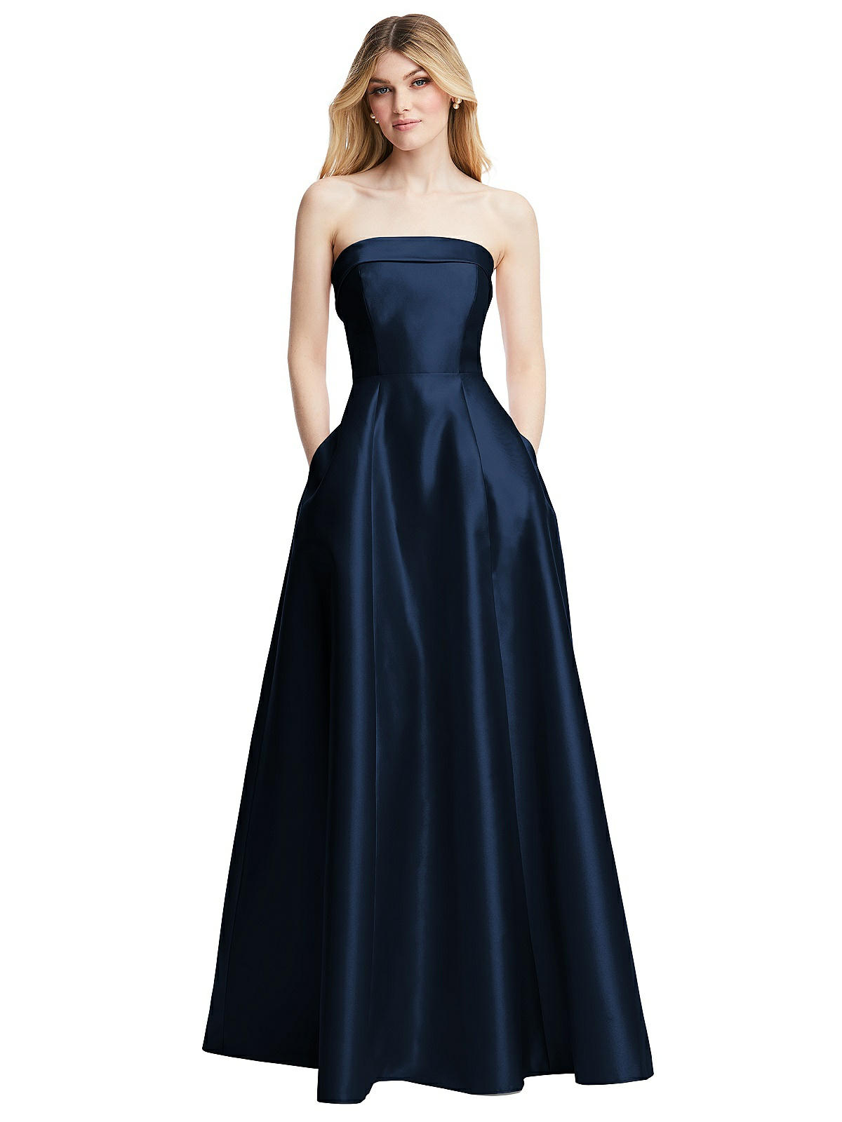 Strapless Bias Cuff Bodice Satin Bridesmaid Dress With Pockets In