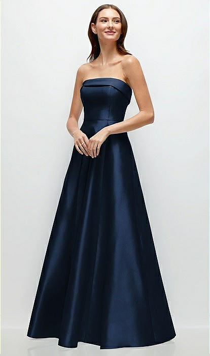 Strapless Bias Cuff Bodice Satin Gown with Pockets