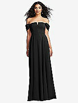 Front View Thumbnail - Black Off-the-Shoulder Pleated Cap Sleeve A-line Maxi Dress