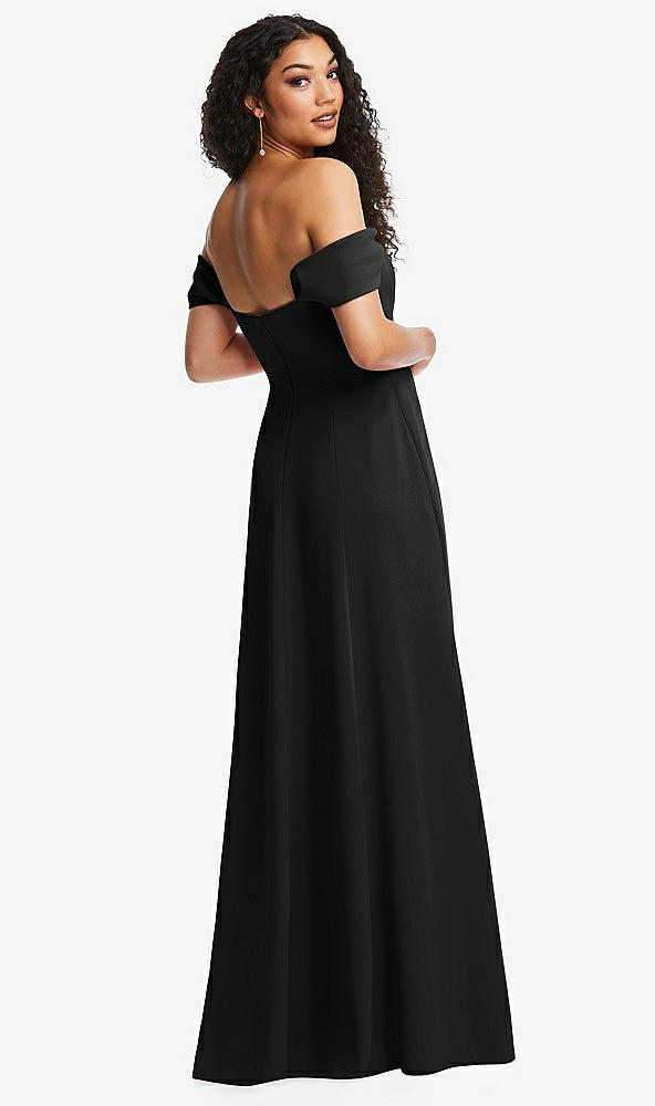 Back View - Black Off-the-Shoulder Pleated Cap Sleeve A-line Maxi Dress