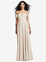 Front View Thumbnail - Oat Off-the-Shoulder Pleated Cap Sleeve A-line Maxi Dress