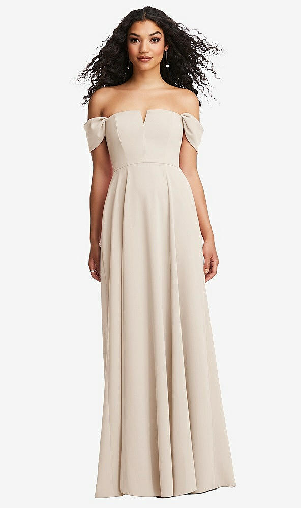 Front View - Oat Off-the-Shoulder Pleated Cap Sleeve A-line Maxi Dress