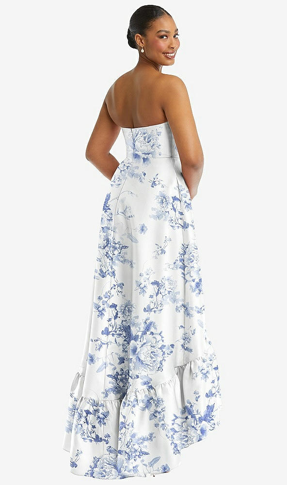 Back View - Cottage Rose Larkspur Strapless Floral High-Low Ruffle Hem Maxi Dress with Pockets