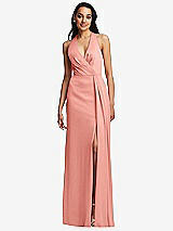 Front View Thumbnail - Rose - PANTONE Rose Quartz Pleated V-Neck Closed Back Trumpet Gown with Draped Front Slit