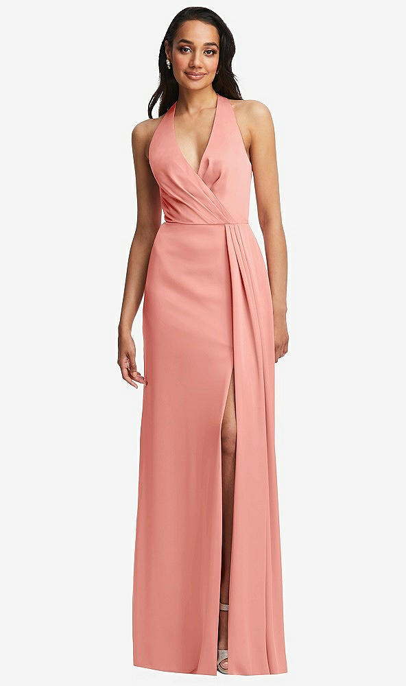 Front View - Rose - PANTONE Rose Quartz Pleated V-Neck Closed Back Trumpet Gown with Draped Front Slit