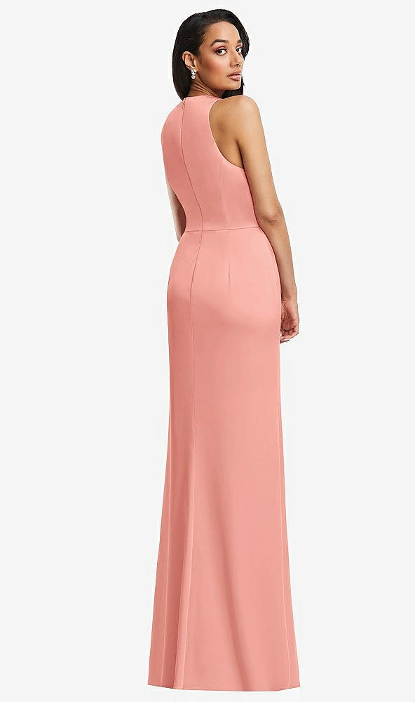 Back View - Rose - PANTONE Rose Quartz Pleated V-Neck Closed Back Trumpet Gown with Draped Front Slit