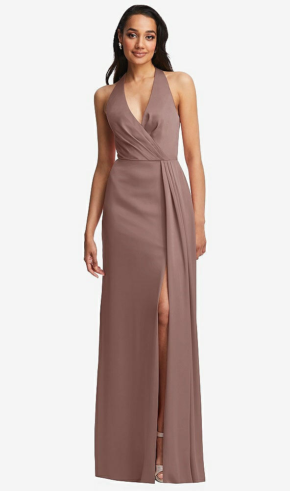 Front View - Sienna Pleated V-Neck Closed Back Trumpet Gown with Draped Front Slit