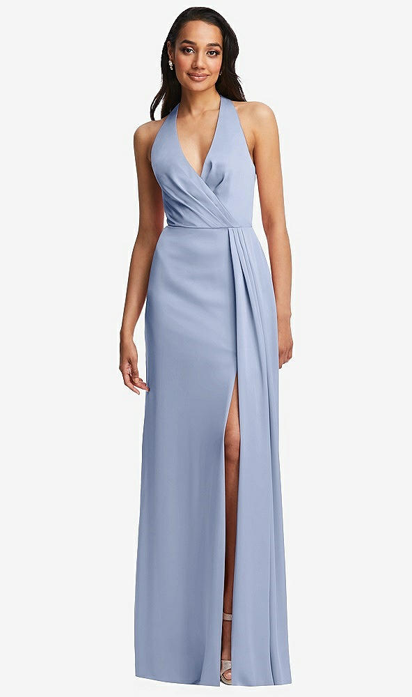 Front View - Sky Blue Pleated V-Neck Closed Back Trumpet Gown with Draped Front Slit