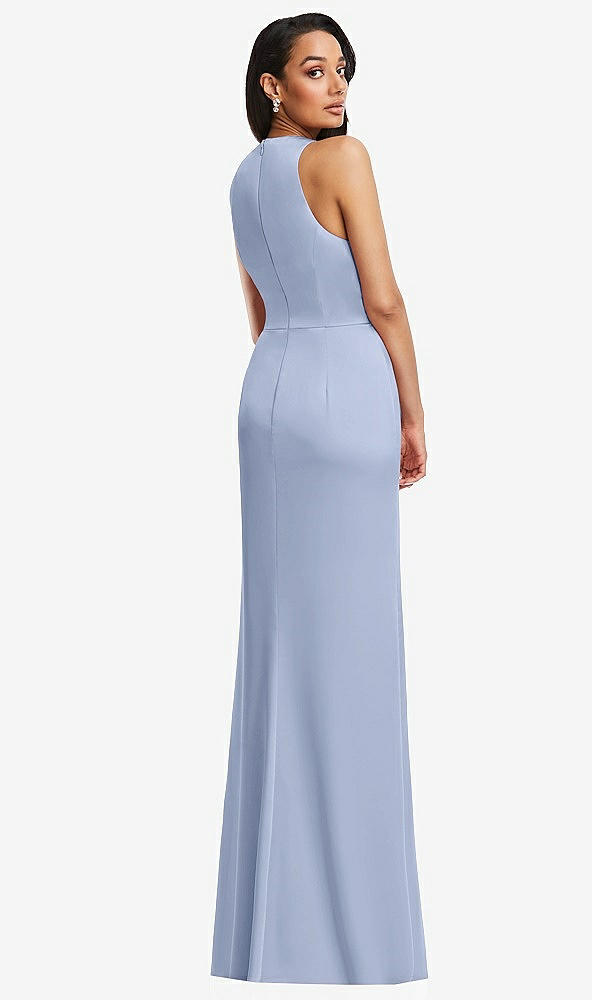 Back View - Sky Blue Pleated V-Neck Closed Back Trumpet Gown with Draped Front Slit