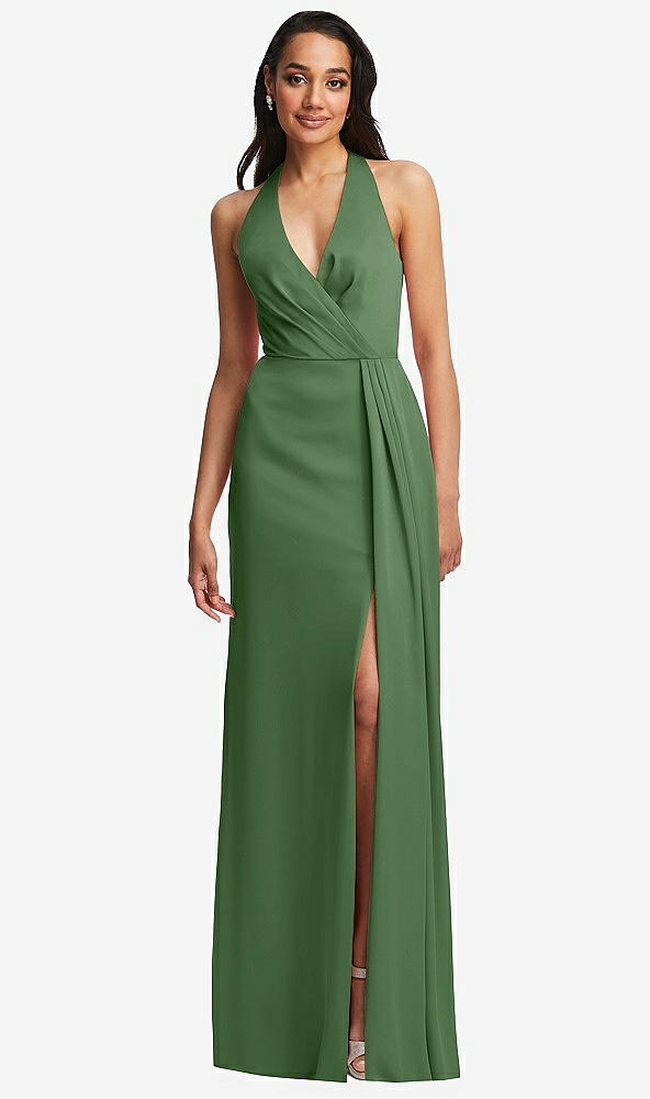 Front View - Vineyard Green Pleated V-Neck Closed Back Trumpet Gown with Draped Front Slit