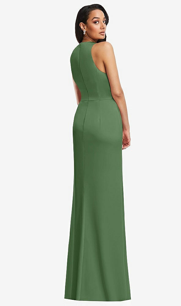 Back View - Vineyard Green Pleated V-Neck Closed Back Trumpet Gown with Draped Front Slit