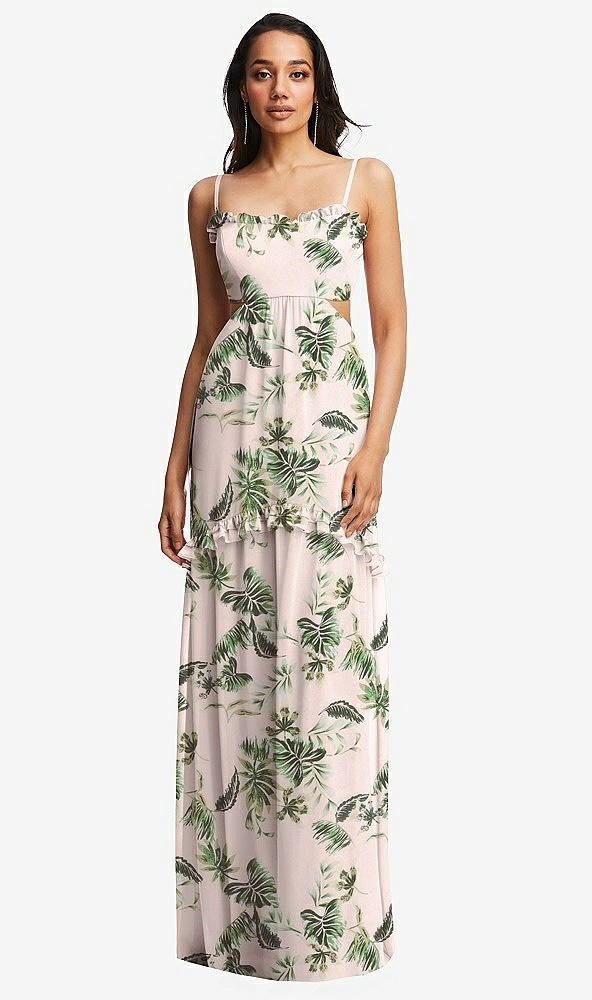 Front View - Palm Beach Print Ruffle-Trimmed Cutout Tie-Back Maxi Dress with Tiered Skirt