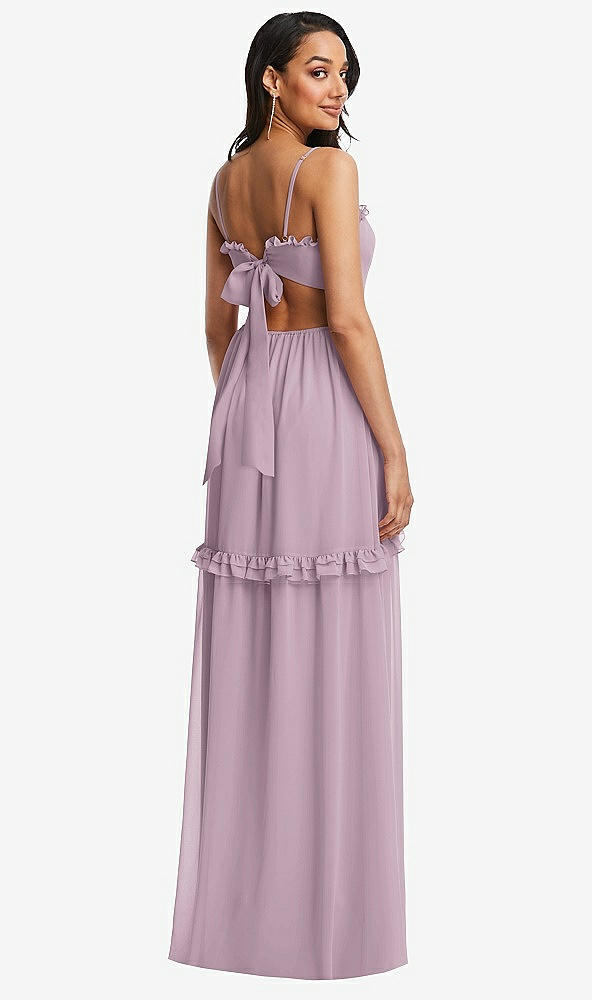 Back View - Suede Rose Ruffle-Trimmed Cutout Tie-Back Maxi Dress with Tiered Skirt