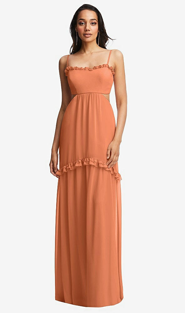 Front View - Sweet Melon Ruffle-Trimmed Cutout Tie-Back Maxi Dress with Tiered Skirt
