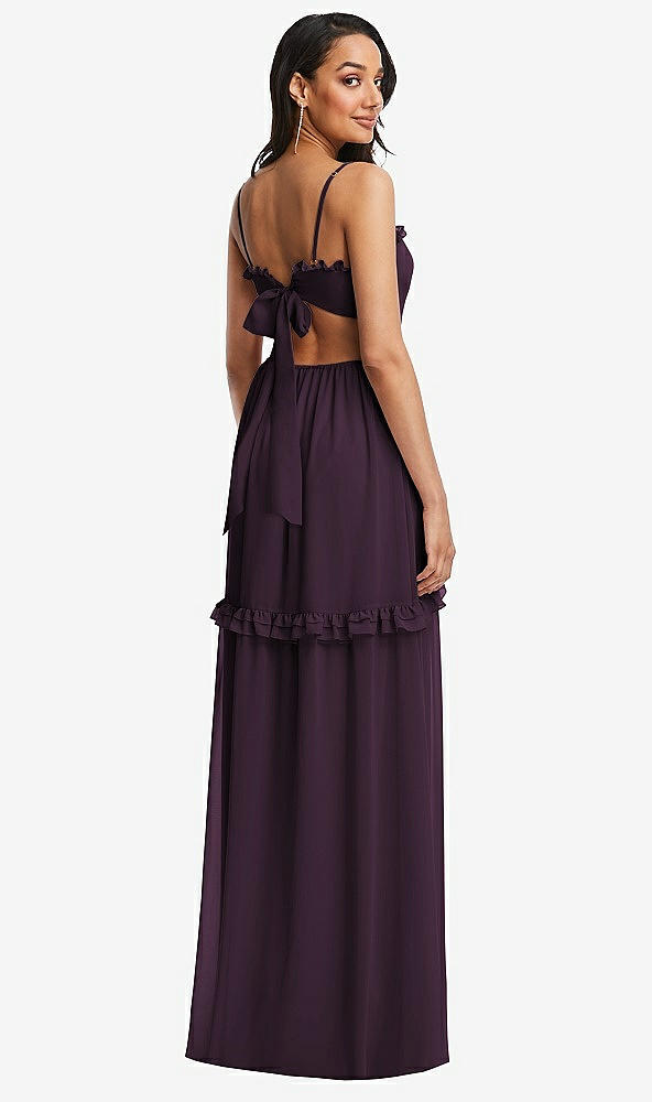 Back View - Aubergine Ruffle-Trimmed Cutout Tie-Back Maxi Dress with Tiered Skirt