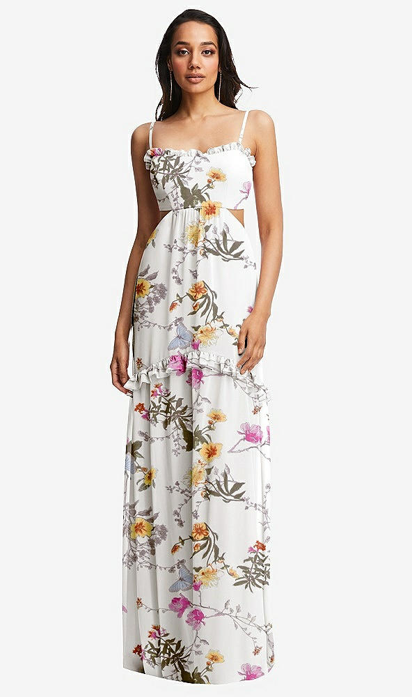 Front View - Butterfly Botanica Ivory Ruffle-Trimmed Cutout Tie-Back Maxi Dress with Tiered Skirt