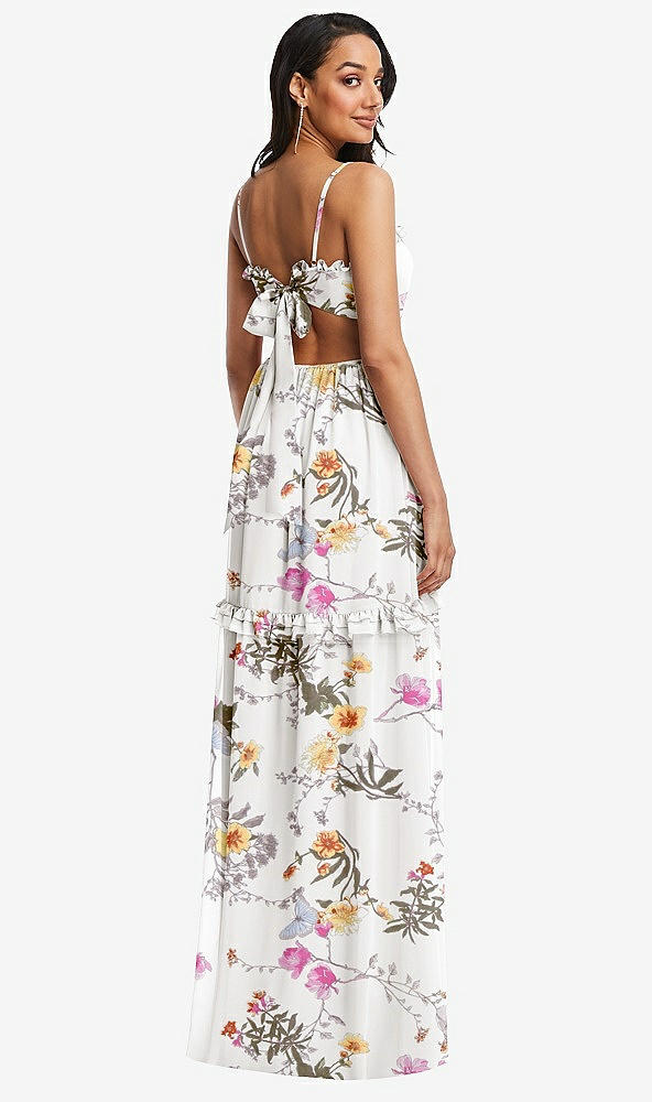 Back View - Butterfly Botanica Ivory Ruffle-Trimmed Cutout Tie-Back Maxi Dress with Tiered Skirt