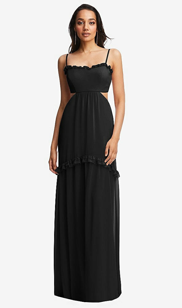 Front View - Black Ruffle-Trimmed Cutout Tie-Back Maxi Dress with Tiered Skirt